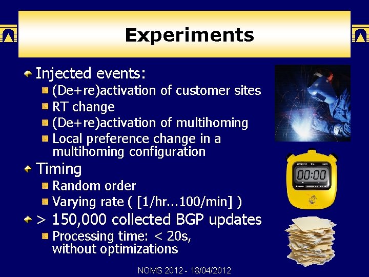 Experiments Injected events: (De+re)activation of customer sites RT change (De+re)activation of multihoming Local preference