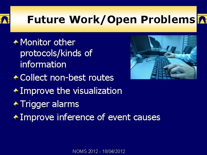 Future Work/Open Problems Monitor other protocols/kinds of information Collect non-best routes Improve the visualization