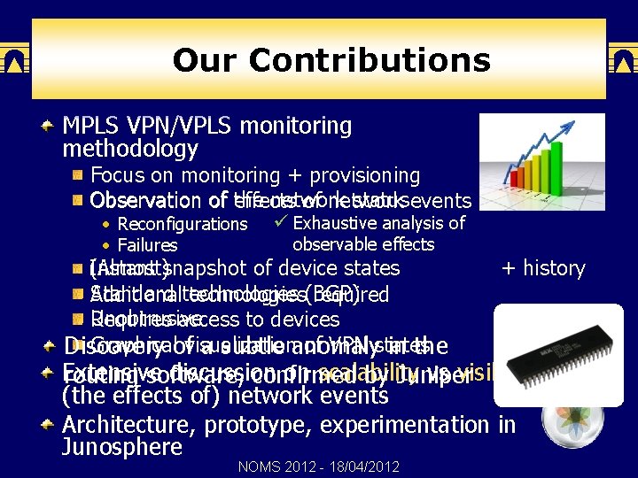 Our Contributions MPLS VPN/VPLS monitoring methodology Focus on monitoring + provisioning Observation of the