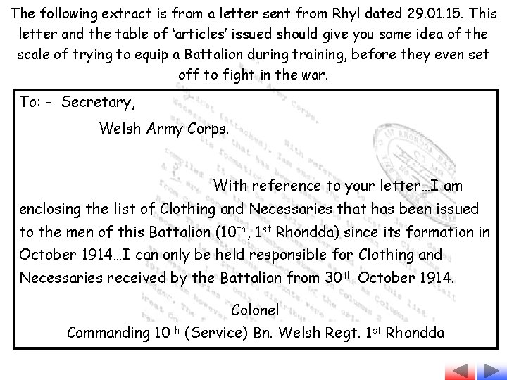 The following extract is from a letter sent from Rhyl dated 29. 01. 15.