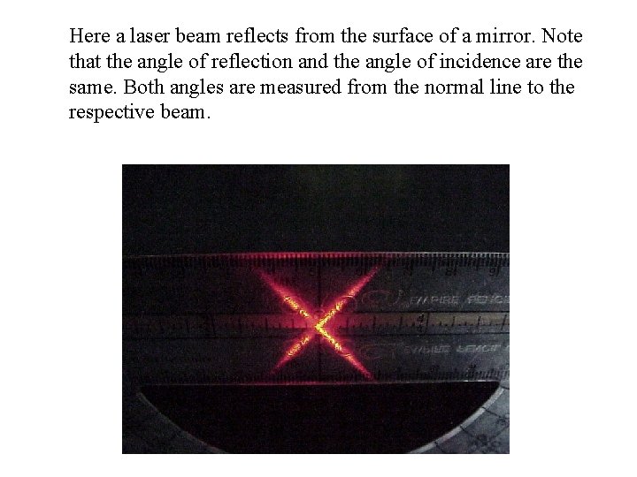 Here a laser beam reflects from the surface of a mirror. Note that the
