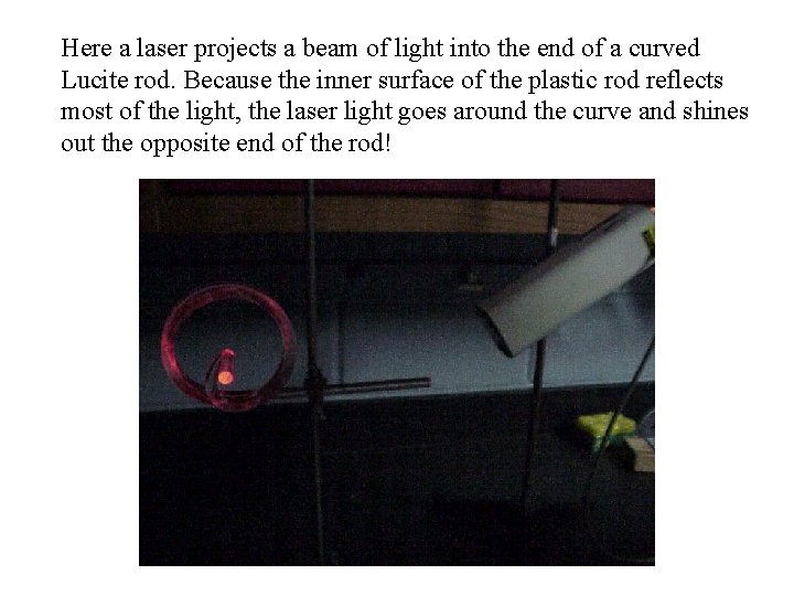 Here a laser projects a beam of light into the end of a curved