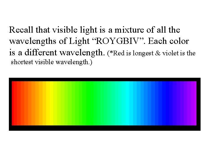 Recall that visible light is a mixture of all the wavelengths of Light “ROYGBIV”.