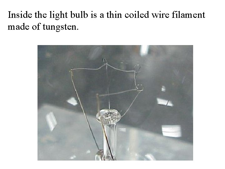 Inside the light bulb is a thin coiled wire filament made of tungsten. 