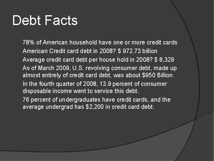 Debt Facts 78% of American household have one or more credit cards American Credit
