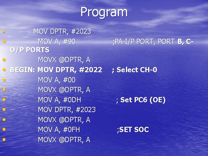 Program • • • MOV DPTR, #2023 MOV A, #90 O/P PORTS MOVX @DPTR,