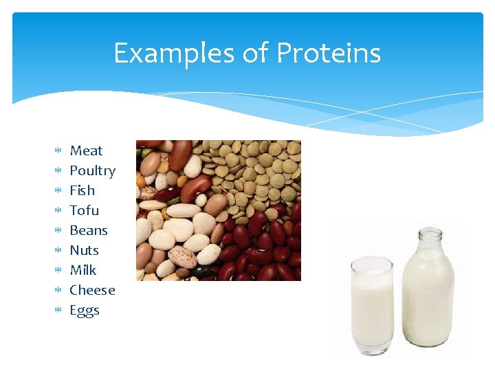 Examples of Proteins Meat Poultry Fish Tofu Beans Nuts Milk Cheese Eggs 