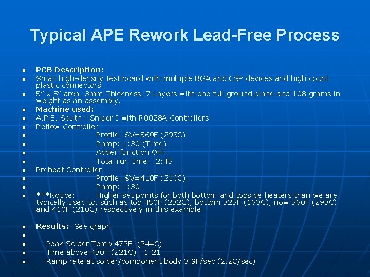 Typical APE Rework Lead-Free Process n n n n PCB Description: Small high-density test