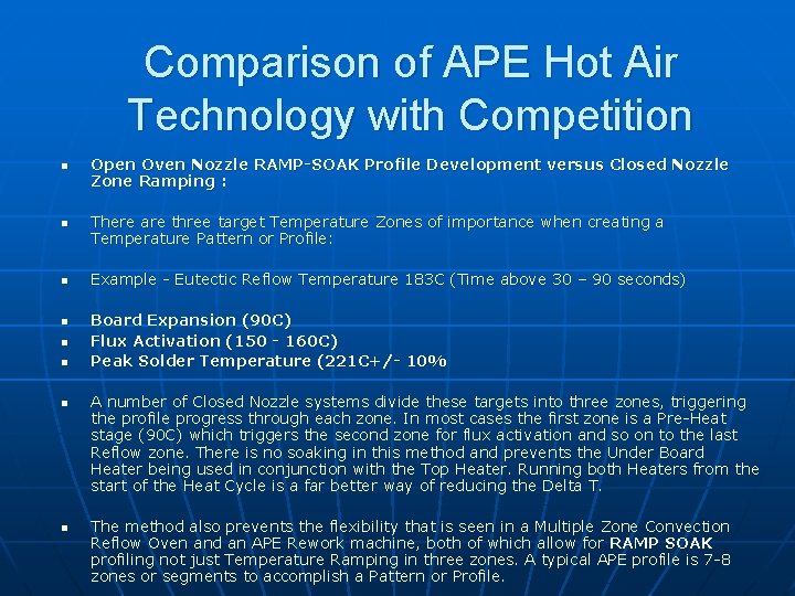 Comparison of APE Hot Air Technology with Competition n n n n Open Oven