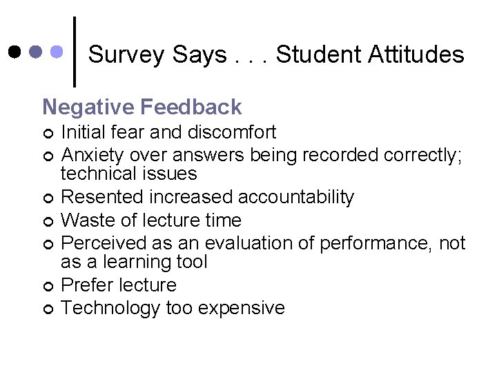 Survey Says. . . Student Attitudes Negative Feedback ¢ ¢ ¢ ¢ Initial fear