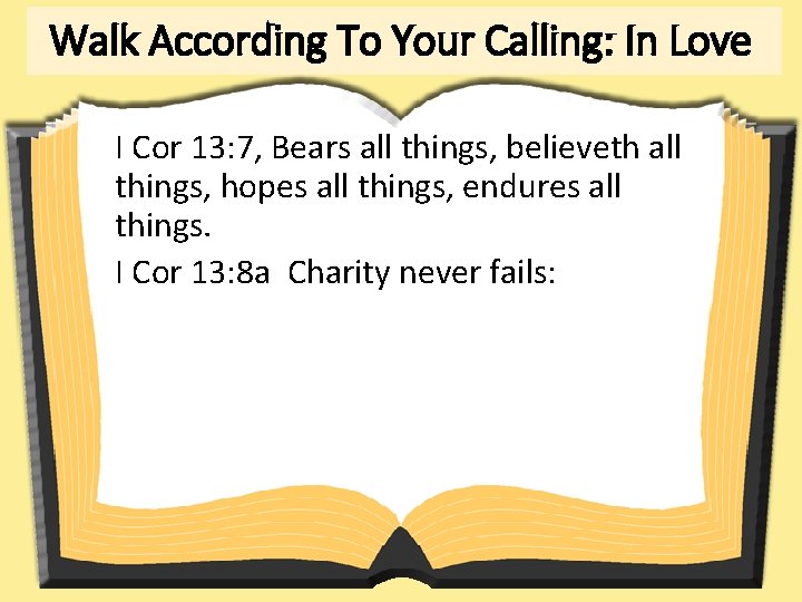 Walk According To Your Calling: In Love I Cor 13: 7, Bears all things,