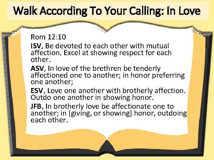 Walk According To Your Calling: In Love Rom 12: 10 ISV, Be devoted to