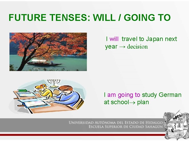FUTURE TENSES: WILL / GOING TO I will travel to Japan next year →