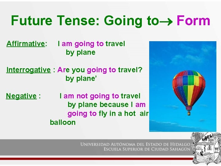 Future Tense: Going to Form Affirmative: I am going to travel by plane Interrogative