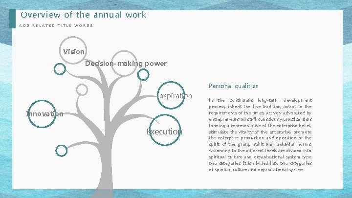 Overview of the annual work ADD RELATED TITLE WORDS Vision Decision-making power Personal qualities Overview of the annual work ADD RELATED TITLE WORDS Vision Decision-making power Personal qualities