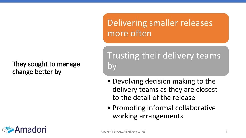 Delivering smaller releases more often They sought to manage change better by Trusting their