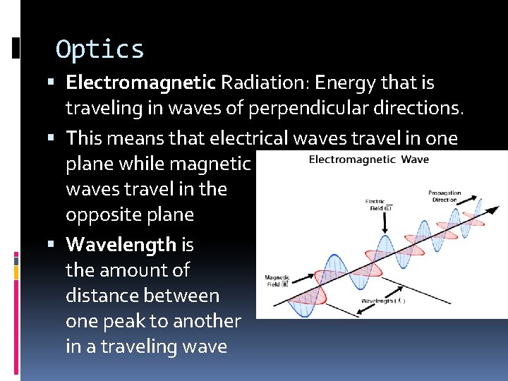 Optics Electromagnetic Radiation: Energy that is traveling in waves of perpendicular directions. This means