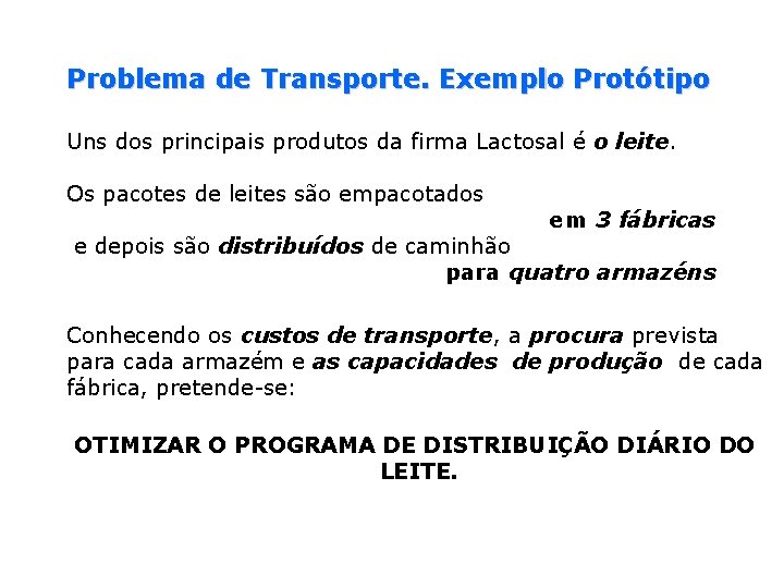 Problema de Transporte. Exemplo Protótipo Uns dos principais produtos da firma Lactosal é o