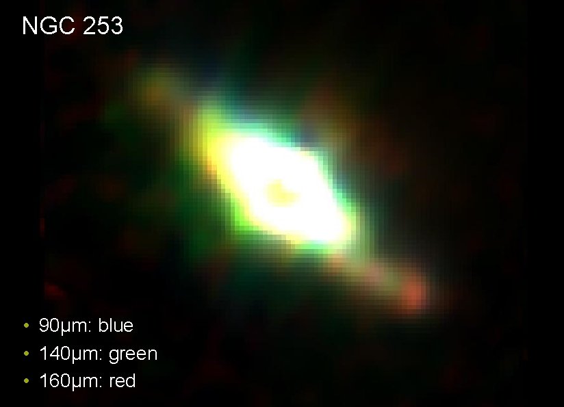 NGC 253 • 90μm: blue • 140μm: green • 160μm: red Image: CFH NGC 253 • 90μm: blue • 140μm: green • 160μm: red Image: CFH