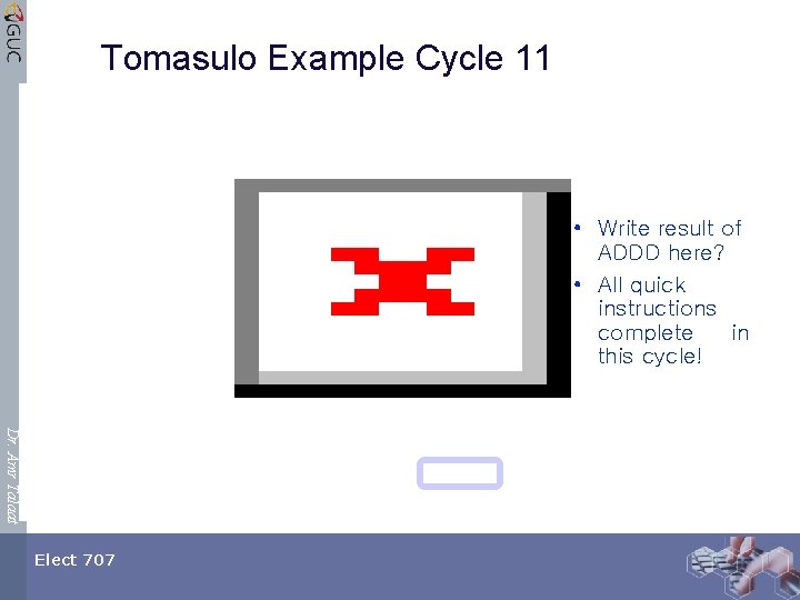 Tomasulo Example Cycle 11 • Write result of ADDD here? • All quick instructions