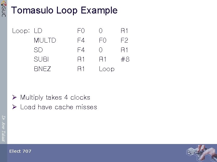 Tomasulo Loop Example Loop: LD MULTD SD SUBI BNEZ F 0 F 4 R