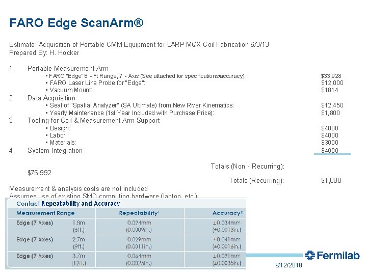 FARO Edge Scan. Arm® Estimate: Acquisition of Portable CMM Equipment for LARP MQX Coil