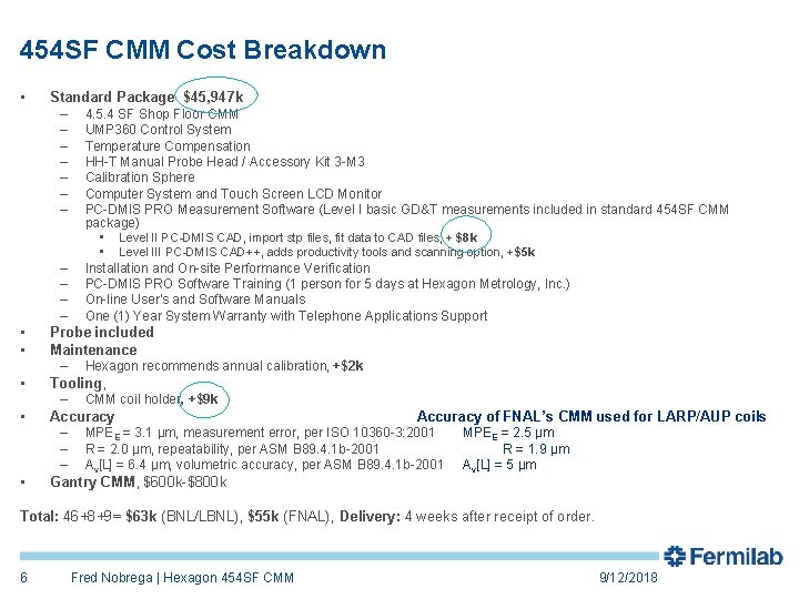 454 SF CMM Cost Breakdown • Standard Package $45, 947 k – 4. 5.