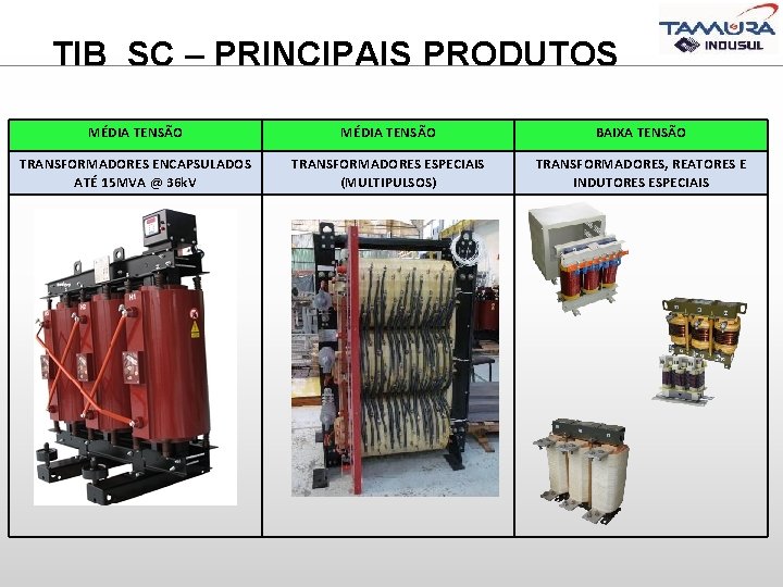 TIB SC – PRINCIPAIS PRODUTOS MÉDIA TENSÃO BAIXA TENSÃO TRANSFORMADORES ENCAPSULADOS ATÉ 15 MVA