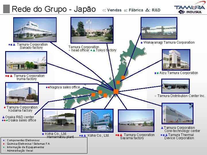 Rede do Grupo - Japão ●■▲ Tamura Corporation Sakado factory ○: Vendas □: Fábrica