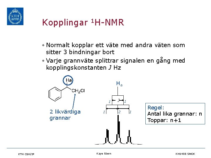 Kopplingar 1 H-NMR • Normalt kopplar ett väte med andra väten som sitter 3