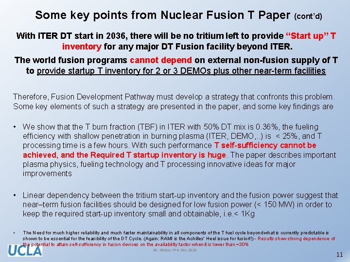 Some key points from Nuclear Fusion T Paper (cont’d) With ITER DT start in