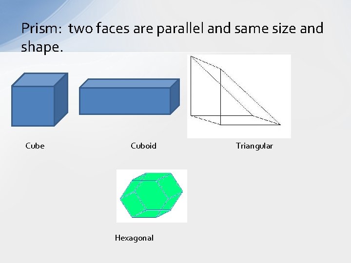 Prism: two faces are parallel and same size and shape. Cube Cuboid Hexagonal Triangular