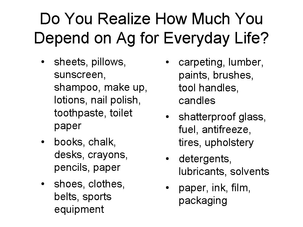 Do You Realize How Much You Depend on Ag for Everyday Life? • sheets,