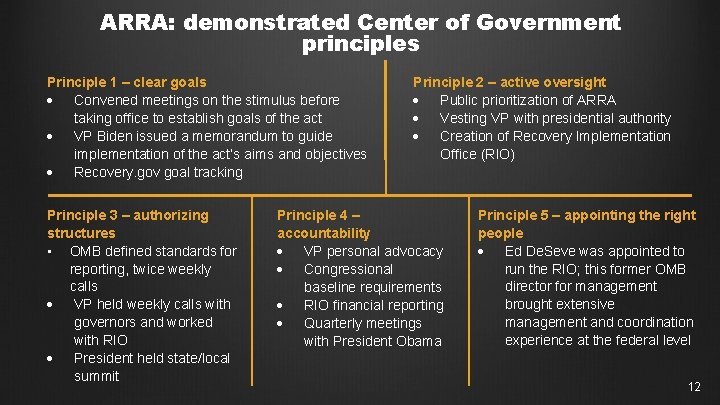 ARRA: demonstrated Center of Government principles Principle 1 – clear goals Convened meetings on