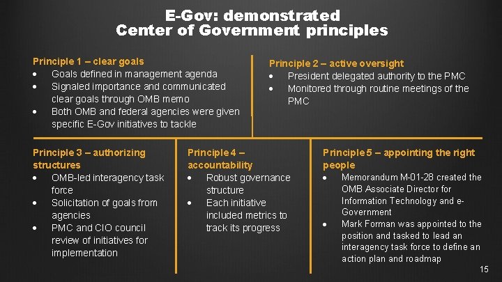 E-Gov: demonstrated Center of Government principles Principle 1 – clear goals Goals defined in