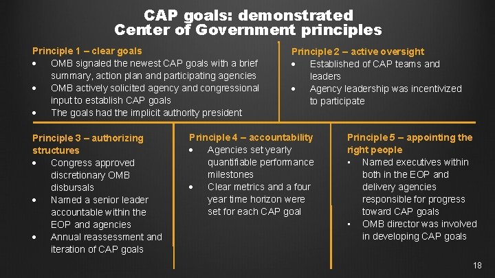 CAP goals: demonstrated Center of Government principles Principle 1 – clear goals OMB signaled