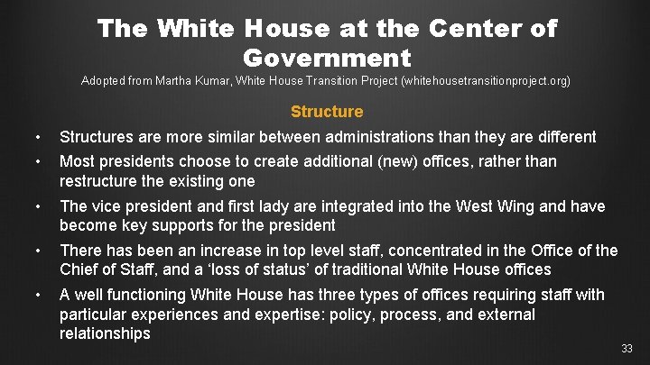 The White House at the Center of Government Adopted from Martha Kumar, White House