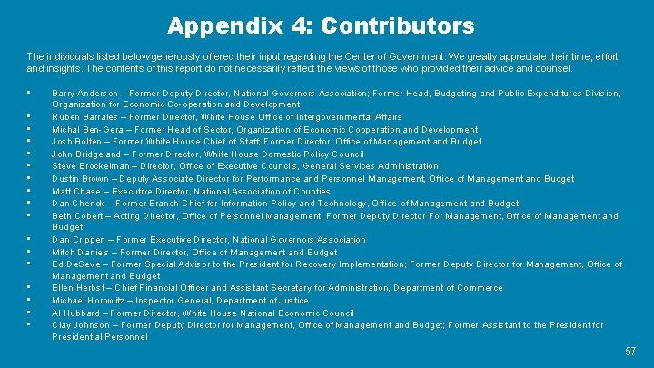 Appendix 4: Contributors The individuals listed below generously offered their input regarding the Center