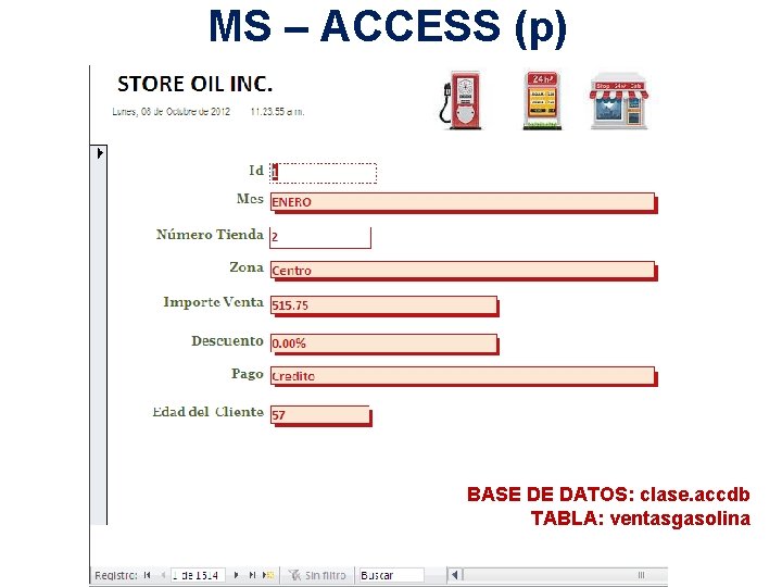 MS – ACCESS (p) BASE DE DATOS: clase. accdb TABLA: ventasgasolina 