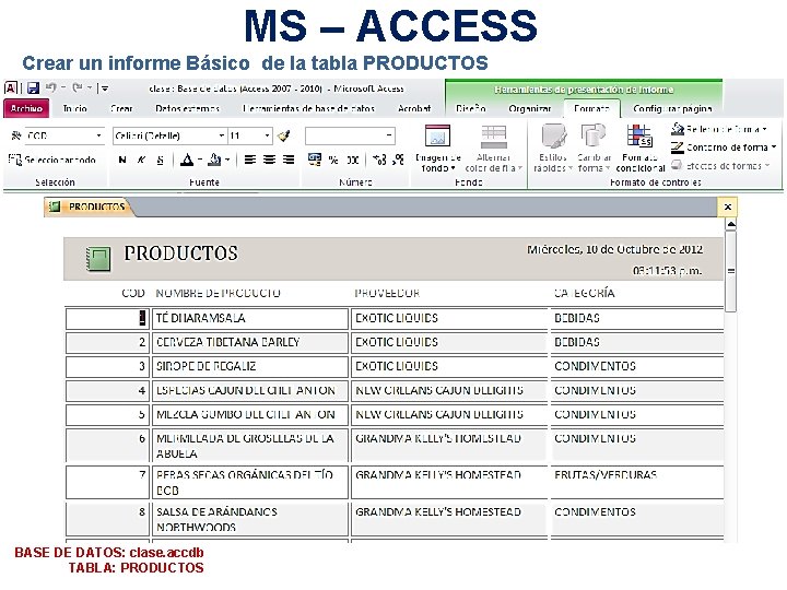 MS – ACCESS Crear un informe Básico de la tabla PRODUCTOS BASE DE DATOS: