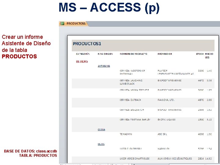 MS – ACCESS (p) Crear un informe Asistente de Diseño de la tabla PRODUCTOS