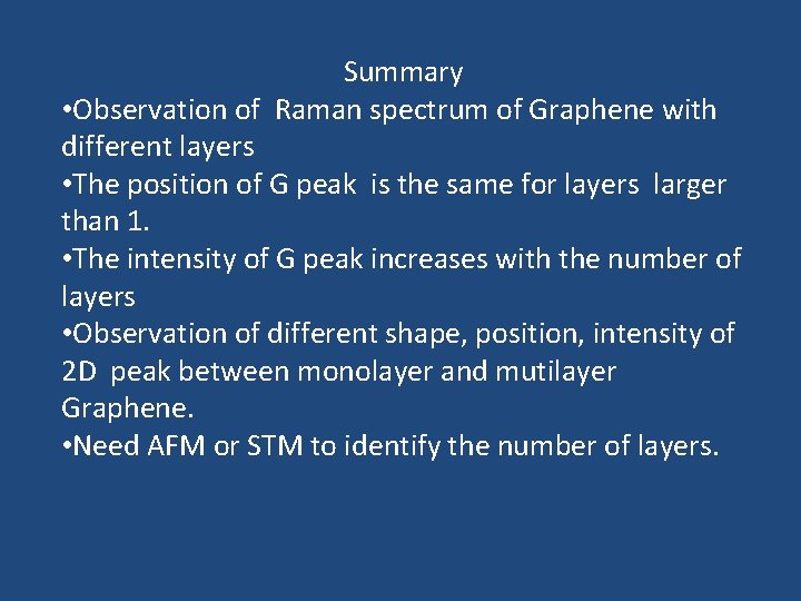 Summary • Observation of Raman spectrum of Graphene with different layers • The position