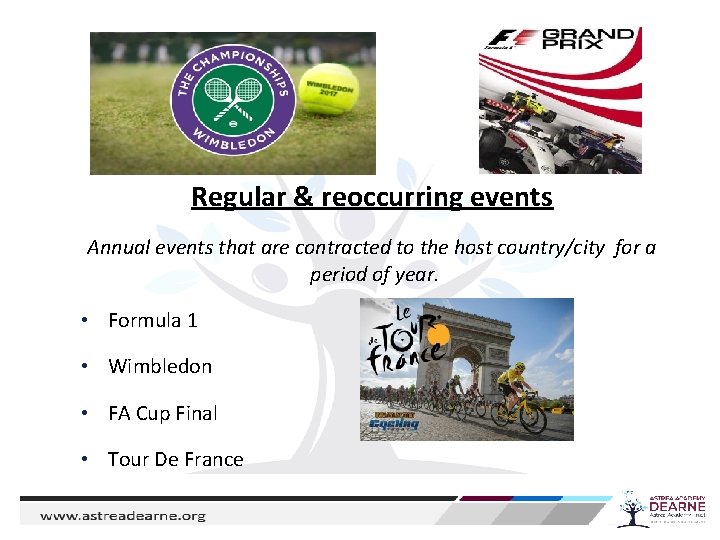Regular & reoccurring events Annual events that are contracted to the host country/city for