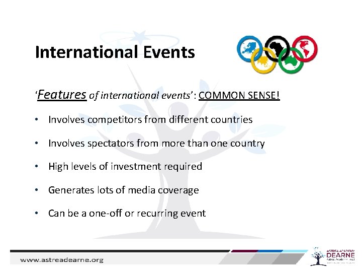 International Events ‘Features of international events’: COMMON SENSE! • Involves competitors from different countries
