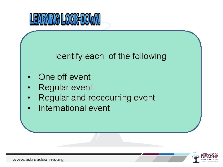 Identify each of the following • • One off event Regular and reoccurring event