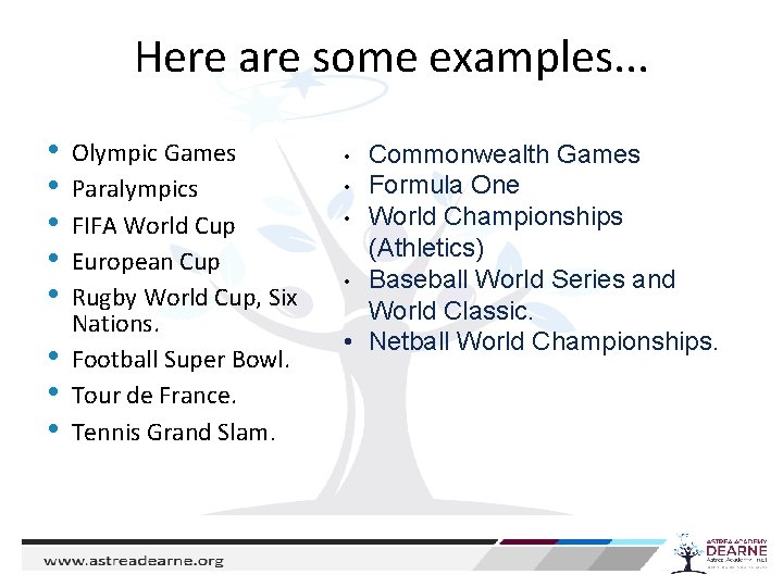 Here are some examples. . . • • Olympic Games Paralympics FIFA World Cup
