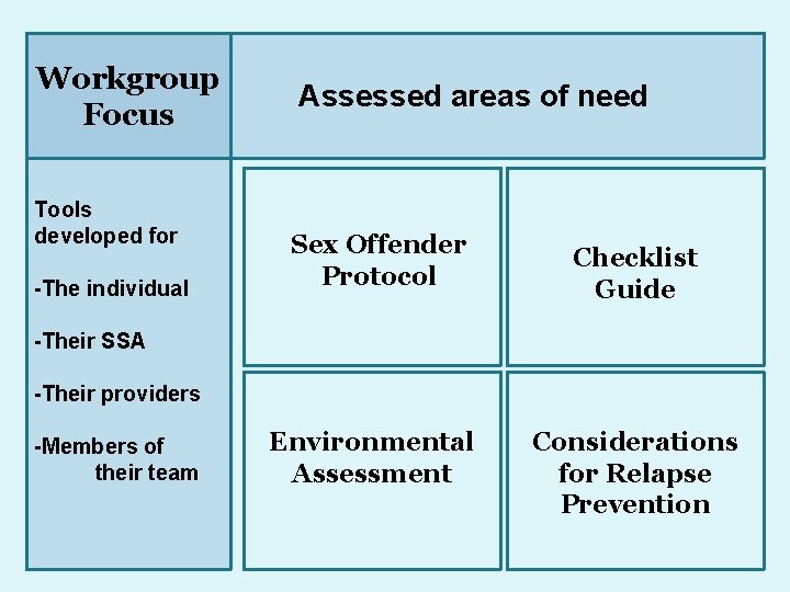 Workgroup Focus Tools developed for -The individual Assessed areas of need Sex Offender Protocol