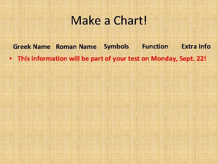 Make a Chart! Greek Name Roman Name Symbols Function Extra Info • This information