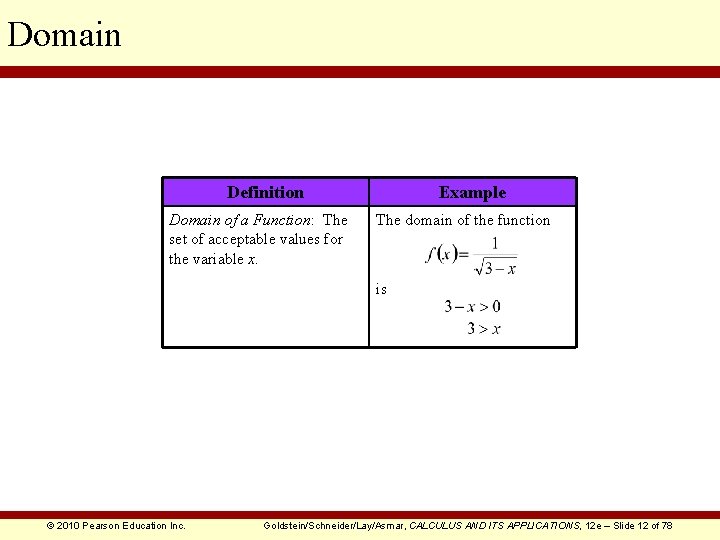 Domain Definition Domain of a Function: The set of acceptable values for the variable