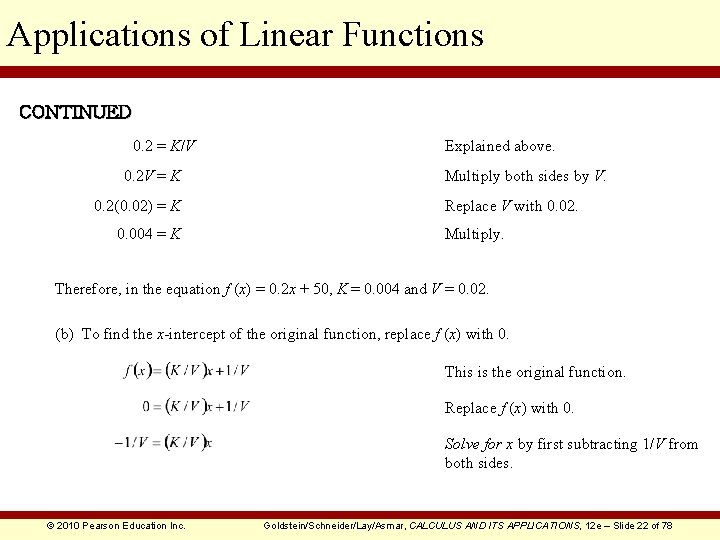 Applications of Linear Functions CONTINUED 0. 2 = K/V 0. 2 V = K